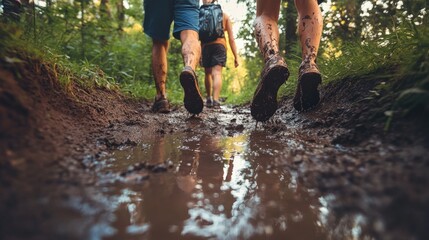 Friends playing in puddles on a muddy hiking trail, joyful and spontaneous summer adventure