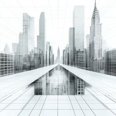 Fototapeta premium Futuristic Cityscape with Skyscrapers and Reflections in Water, Geometric Design Elements, Architectural Lines and Symmetry, Urban Innovation Vision