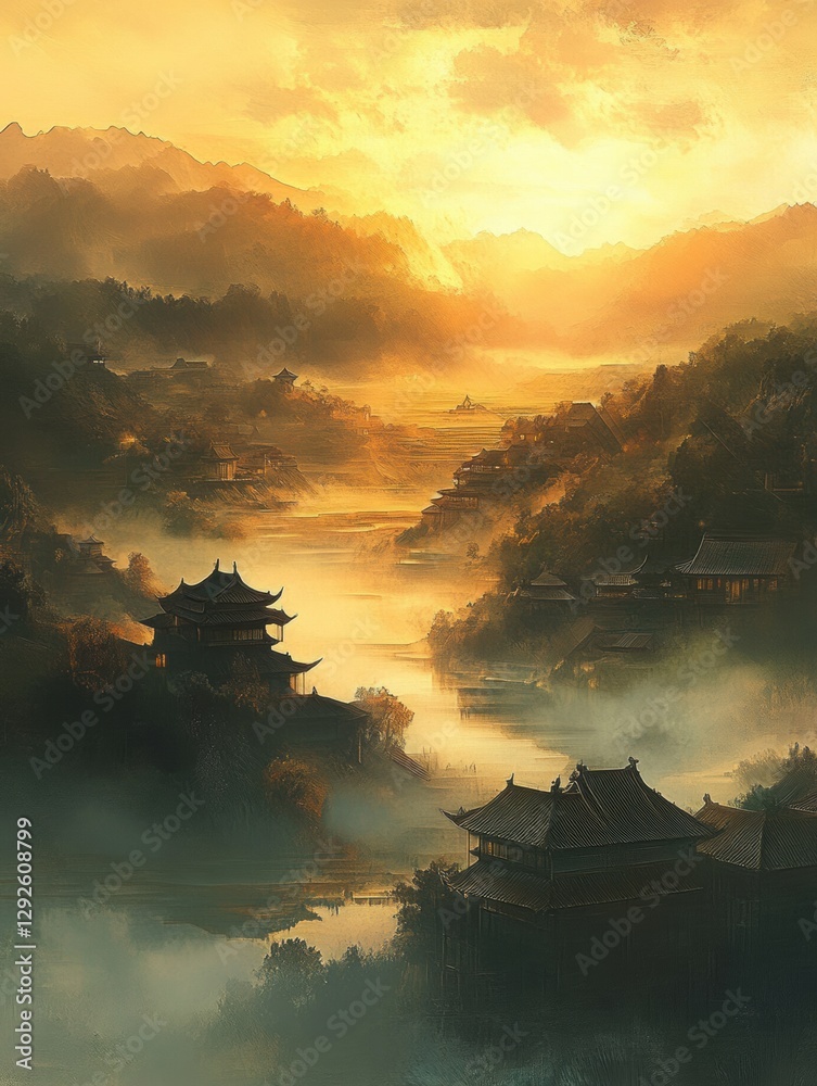 Poster scenic sunset over misty mountains and ancient architecture in a serene river landscape. generative 