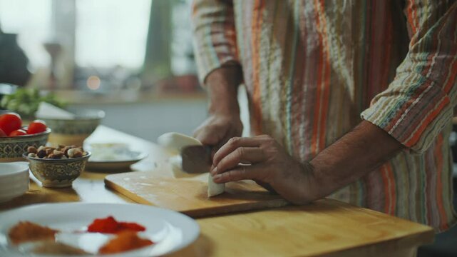 Indian food blogger in turban and kurta talking and cutting fresh paneer cheese with knife on wooden board as cooking traditional meal in kitchen. Tilt-down, close-up shot