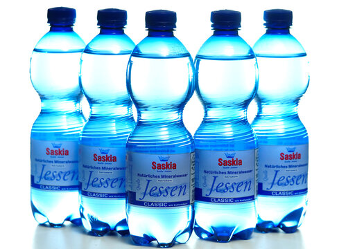 In this photo illustration, Bottles of sparkling mineral water Saskia Jessen Classic is displayed.