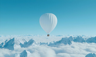 Obraz premium Hot Air Balloon Floating Above Mountains and Clouds in Clear Sky