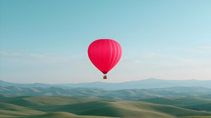 Vibrant Red Hot Air Balloon Floating Over Lush Green Hills