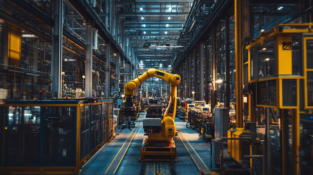 Modern industrial factory interior with yellow robotic arm blue dark line work metal steel light