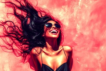 Obraz premium Pretty happy black girl - for ads, advertisement ad and digital marketing use. Long hairdo - beach waves hair. Commercial commercial creative. Afro-american fashion portraits. Model concept.