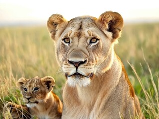 Majestic Lioness and Adorable Cub in Serengeti Grassland Setting