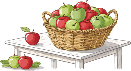Apple Illustration vector design, Apples in wicker basket with Apple Slice on table in kitchen vector design