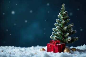 A Festive Winter Scene Featuring a Miniature Evergreen Tree, a Crimson Gift Box, and Sparkling Ornaments Resting on a Bed of Pristine Snow Against a Dark Blue Background