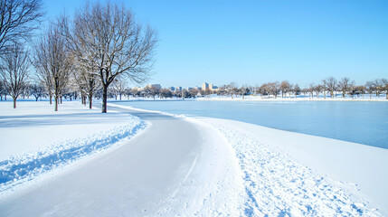 Obraz premium Winter park path, snowy lake, city skyline, tranquil scene, travel brochure