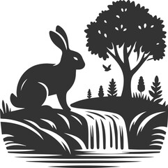 Rabbit playing near a small waterfall animal vector silhouette