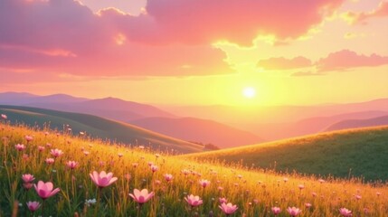 Obraz premium Serene Sunset Over Rolling Hills and a Field of Delicate Blossoms