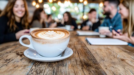 Fototapeta premium Latte coffee cup in cafe, people meeting, blurred background, informal setting, casual gathering