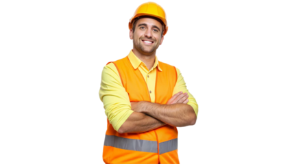 Portrait of a smiling male labor worker, standing confidently with arms crossed in a proud and approachable pose. He is wearing a bright yellow shirt, orange safety vest, and a sturdy safety helmet