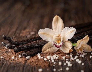 Fototapeta premium Delicate Vanilla Orchid Flower with Vanilla Pods and Sugar Crystals on Wooden Surface in Warm Lighting