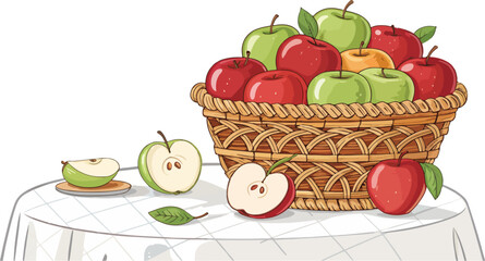 Apples Illustration vector design, Apples in wicker basket with Apple Slice on table in kitchen vector design