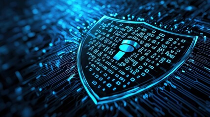 Cybersecurity digital shield made of glowing binary numbers, representing data protection and encryption, futuristic background with a dark blue tech aesthetic