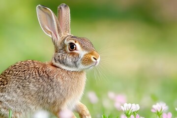 Fototapeta premium Cute Brown Rabbit Among Colorful Wildflowers in Green Meadow