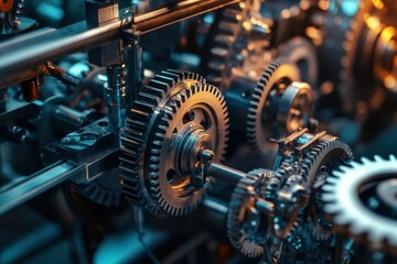 Fototapeta premium Exploring engineering mechanisms closeup of interlocking gears and cogs in a modern industrial setting high-tech environment detailed viewpoint