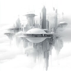 Fototapeta premium Futuristic Cityscape with Suspended Structures and Sleek Design in a Minimalist Aesthetic Over Clouds and Fog