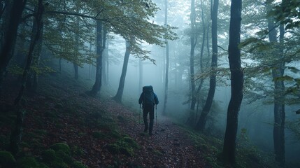 Fototapeta premium Lone hiker trekking through a misty forest, raindrops glistening on leaves, serene and moody atmosphere