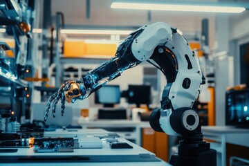 Robotics engineer testing an autonomous robot standard in a high-tech laboratory environment fostering engineering innovation and technological advancement