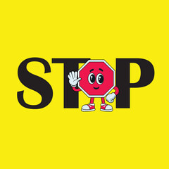 Vector illustration of octagonal stop sign mascot with cheerful expression, raising hand as stop signal. Suitable for safety poster, traffic education, children's warning sign