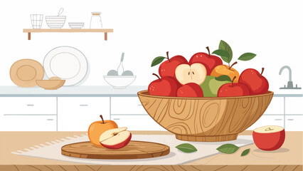 Red Apples in wooden bowl with Apple Slice in Kitchen, Red Apple Illustration vector design