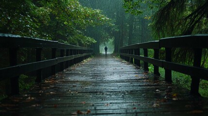Obraz premium Rain-drenched wooden bridge in a forest, with a lone figure walking in the distance