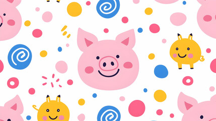 Cute Cartoon Pig and Animal Pattern with Colorful Dots and Swirls
