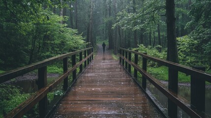 Fototapeta premium Rain-drenched wooden bridge in a forest, with a lone figure walking in the distance
