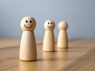 Wooden Figures with Smiley Faces Symbolizing Happiness and Cheerful Connection