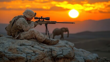 Desert Sniper at Sunset, Elephant in Background