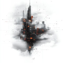 Abstract futuristic cityscape with intricate structures and glowing elements blending with ethereal clouds in a digital art representation