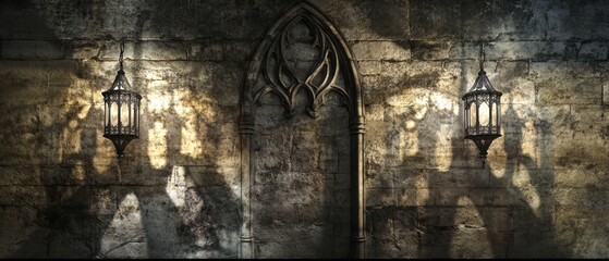 Gothic Archway: Watercolor Lanterns on Stone