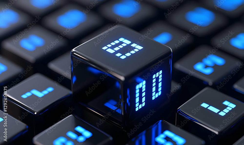 Poster digital cube on keyboard with blue light displaying numbers