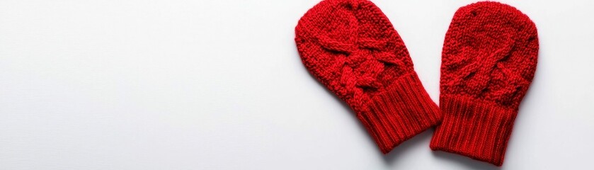 Pair of Red Knitted Mittens on White Background Displaying Warmth and Winter Season Fashion Accessory