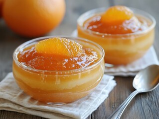 Delicious Orange Dessert with Layered Jelly and Slices of Fresh Orange in Elegant Bowls on a Wooden Table