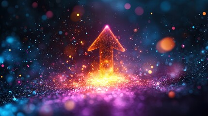 A vibrant upward arrow surrounded by radiant energy particles, representing growth and ambition