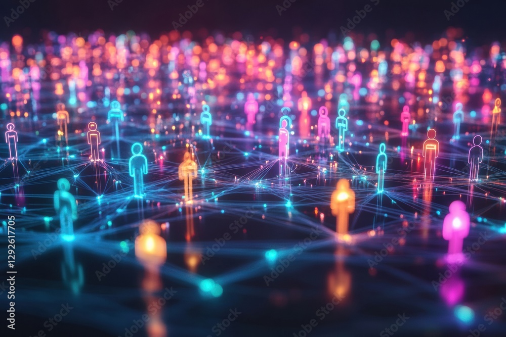 Aufkleber Vibrant social media network visualized through colorful 3D avatars connected by dynamic energy lines. Generative AI