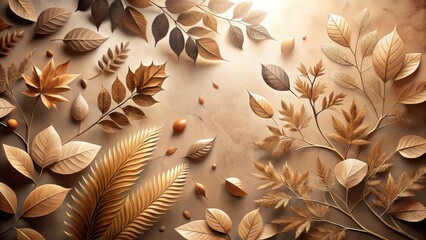 Elegant Golden Autumnal Foliage Arranged Artistically on a Neutral Background Featuring Intricate Leaf Details and Subtle Textural Variations