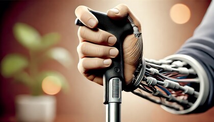 A detailed and realistic rendering of a human hand gripping an assistive device, such as a cane or crutch, emphasizing inclusivity and support for people. Generative AI