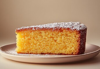 Deliciously Moist Yellow Cake with Powdered Sugar Dusting Perfectly Displayed on a Neutral Plate with Soft Lighting