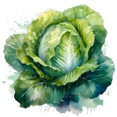 A watercolor painting of a green cabbage, its leaves rendered with soft washes and intricate details against a white background