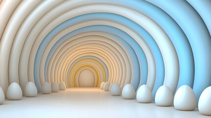 Obraz premium Abstract pastel tunnel with eggs, bright interior, Easter concept, design background