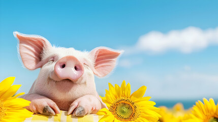 Happy Pig Surrounded by Bright Sunflowers Against Blue Sky