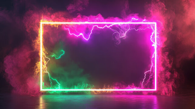 Neon lightning effect electric glow frame vector. Magic spark border with thunder sign energy. Magic portal rectangle shape with led plasma discharge in pink, green, gold, purple bright color.