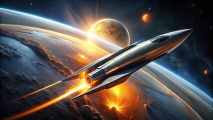 A Futuristic Spaceship Soars Past a Planetary System During a Breathtaking Sunrise