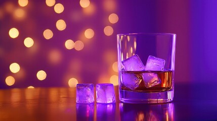 Whiskey on the Rocks with Glowing Background and Ice Cubes Perfect Night Scene at a Bar