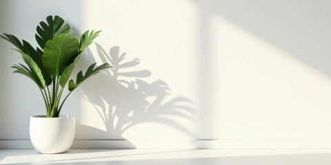 A vibrant green plant in a minimalist white pot casts a dramatic shadow against a bright white wall, creating a serene and stylish interior scene