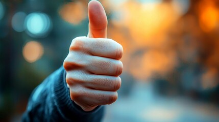 Hand Gesture of Approval with Upward Thumb Against a Blurred Autumnal Background Image